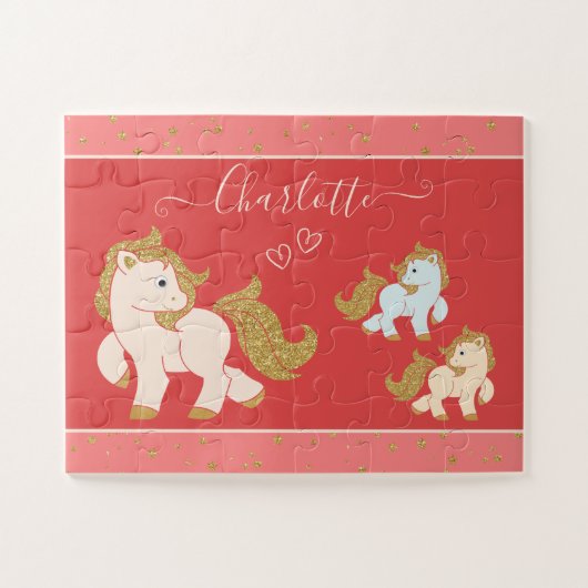 Roze Glitter Ponies met voornaam Little Girl Legpuzzel (Horizontaal)