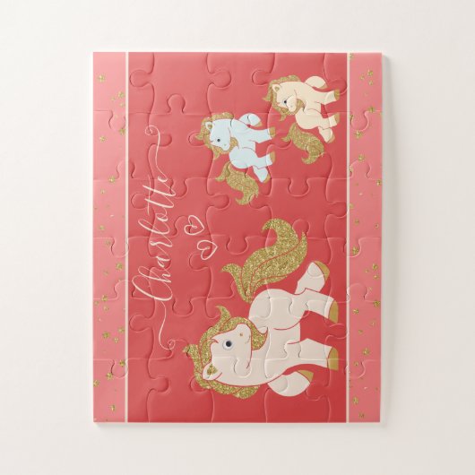 Roze Glitter Ponies met voornaam Little Girl Legpuzzel (Verticaal)