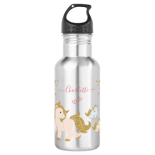 Roze Glitter Ponies met voornaam Little Girl Waterfles (Voorkant)