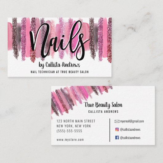 Roze Glitter Poolse Brushstrokes Nail Technician Visitekaartje (Voorkant / Achterkant)