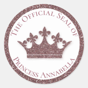 Roze Glitter Princess Crown Custom Name Ronde Sticker