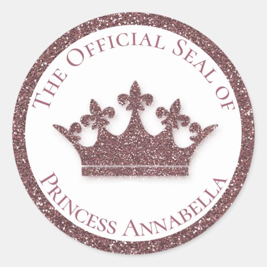 Roze Glitter Princess Crown Custom Name Ronde Sticker (Voorkant)