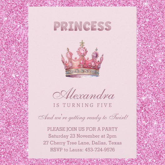 Roze Glitter Prinses Kroon Sprookjesverjaardag Kaart