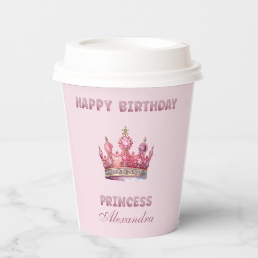 Roze Glitter Prinses Kroon Sprookjesverjaardag Papieren Bekers (Voorkant)