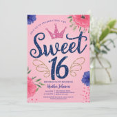 Roze Glitter Prinses Kroon Zoet 16 Verjaardag Kaart (Staand voorkant)