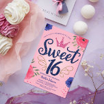 Roze Glitter Prinses Kroon Zoet 16 Verjaardag Kaart<br><div class="desc">Vier je Sweet 16 in stijl met onze elegante uitnodiging voor een verjaardagsfeestje! Met een prachtig kleurenpalet van roze en blauw, versierd met faux gouden glitteraccenten en delicate bloemdetails in elke hoek. Het middelpunt is de "zoete 16" tekst in prachtig blauw glitter handschrift, aangevuld met vlindervleugels in faux gouden glitter...</div>