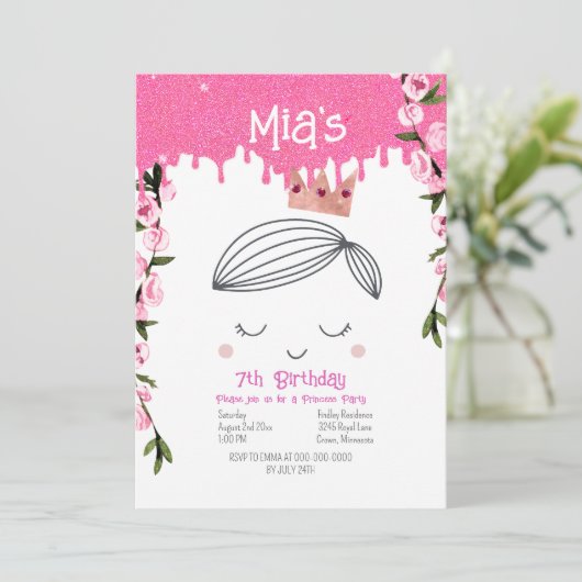  roze glitter prinses meisjes verjaardag kaart (Staand voorkant)