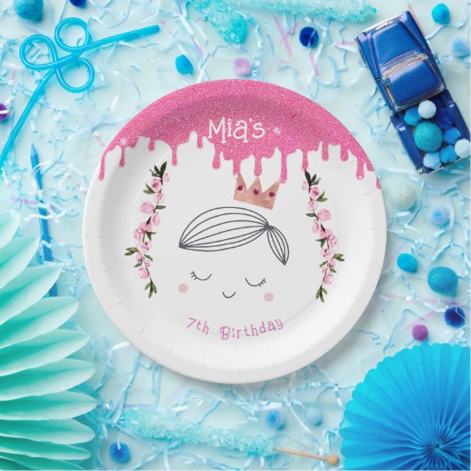  roze glitter prinses meisjes verjaardag papieren bordje (Feest)