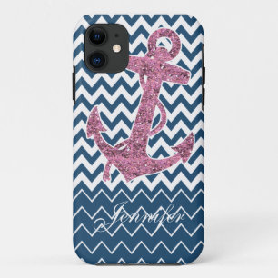 Roze Glitter Print Anchor Nautical Navy Blue Hoesj Case-Mate iPhone Case