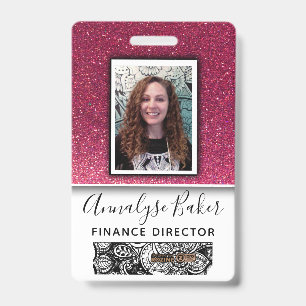 Roze Glitter Professional Employee Photo Name Badge