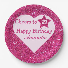 Roze glitter Proost op 21 Heart Happy Birthday Papieren Bordje