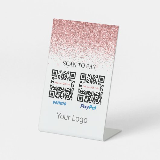 Roze Glitter QR-code Scannen om je Logo te betalen Reclamebord Met Voetstuk (Voorkant)