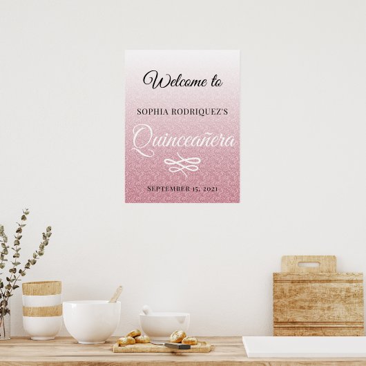 Roze Glitter Quinceañera 15th Birthday Welcome Pos Poster (Keuken)