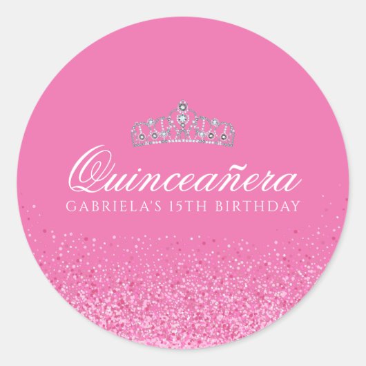 Roze Glitter Quinceanera Ronde Sticker (Voorkant)