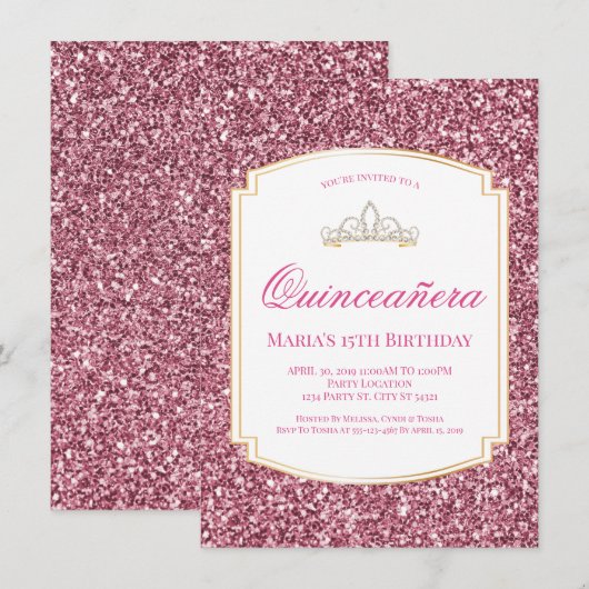 Roze Glitter Quinceañera Uitnodigingen (Voorkant / Achterkant)