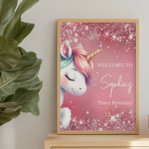 Roze Glitter Regenboog Eenhoorn Verjaardags Welkom Perfect Poster