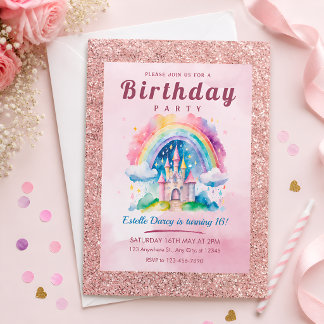 Roze Glitter Regenboog Kasteel 16e Verjaardagsfees Kaart