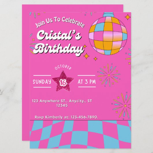 Roze Glitter Retro Doll Verjaardagsfeestje Uitnodi (Voorkant / Achterkant)