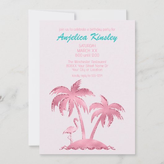 Roze Glitter Retro Flamingo en Palmbomen Kaart (Voorkant)