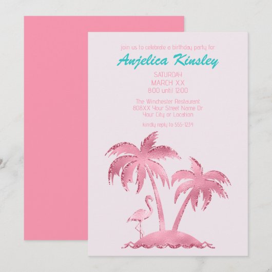 Roze Glitter Retro Flamingo en Palmbomen Kaart (Voorkant / Achterkant)
