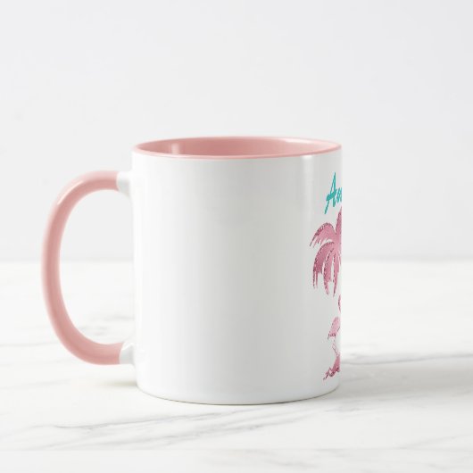 Roze Glitter Retro Flamingo en Palmbomen Mok (Links)