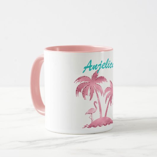 Roze Glitter Retro Flamingo en Palmbomen Mok (Voorkant links)