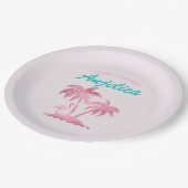 Roze Glitter Retro Flamingo en Palmbomen Papieren Bordje (Gekanteld)