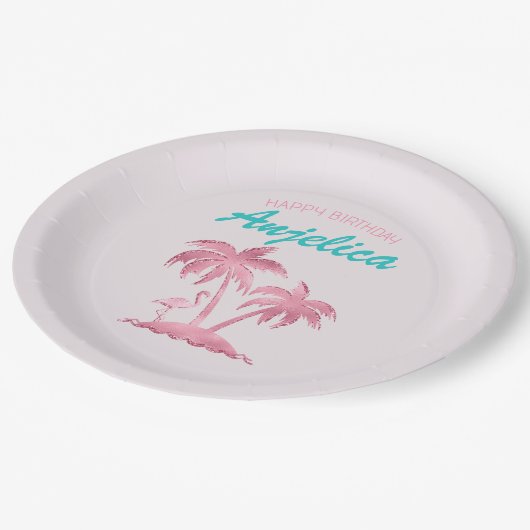 Roze Glitter Retro Flamingo en Palmbomen Papieren Bordje (Gekanteld)