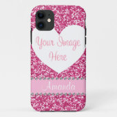 Roze Glitter Rhinestone Heart Foto iPhone Case (Achterkant)