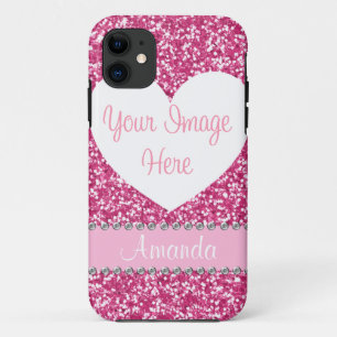 Roze Glitter Rhinestone Heart Foto iPhone Case