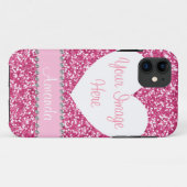 Roze Glitter Rhinestone Heart Foto iPhone Case (Achterkant (horizontaal))