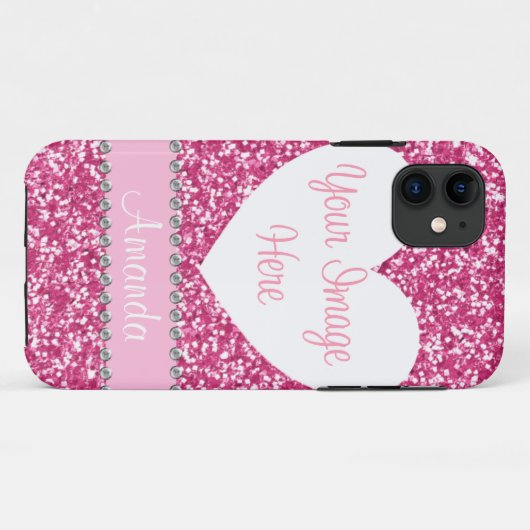 Roze Glitter Rhinestone Heart Foto iPhone Case (Achterkant (horizontaal))