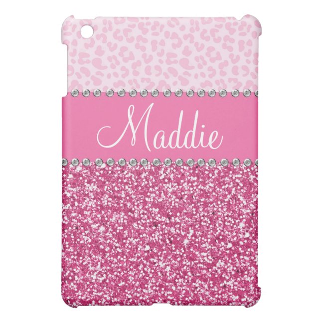 Roze Glitter Rhinestone Leopard BLING Hoesje iPad iPad Mini Case (Achterkant)