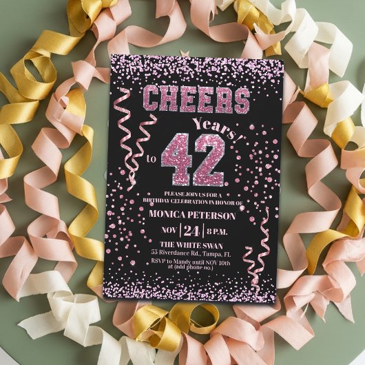 Roze Glitter Rhinestones 42e Verjaardagsfeestje  Kaart