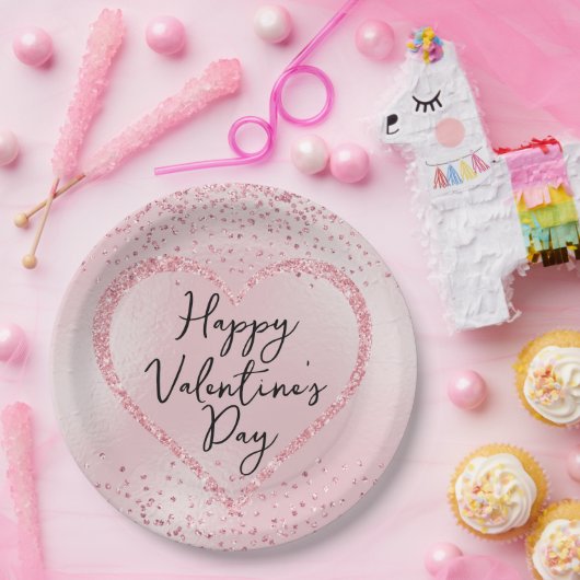 Roze Glitter Romantisch Script Valentijnsdag Papieren Bordje (Feest)