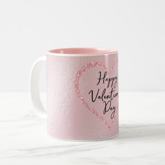 Roze Glitter Romantisch Script Valentijnsdag Tweekleurige Koffiemok (Voorkant links)
