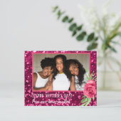 Roze glitter roos fotodochters Moederdag Briefkaart (Staand voorkant)