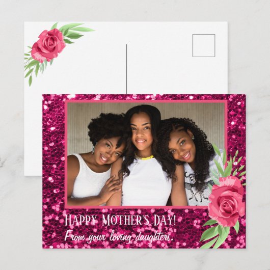 Roze glitter roos fotodochters Moederdag Briefkaart (Voorkant / Achterkant)