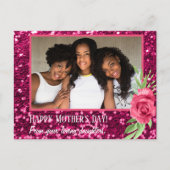 Roze glitter roos fotodochters Moederdag Briefkaart (Voorkant)
