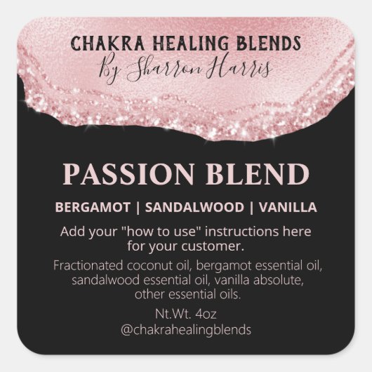 Roze Glitter Roos Gold Agaat Passion Blend Labels (Voorkant)