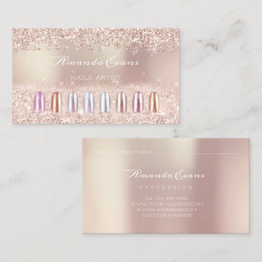 Roze Glitter Roos Gold Nail Artist Appointment VIP Afsprakenkaartje (Voorkant / Achterkant)