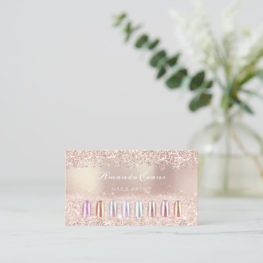 Roze Glitter Roos Gold Nail Artist Appointment VIP Afsprakenkaartje (Staand voorkant)