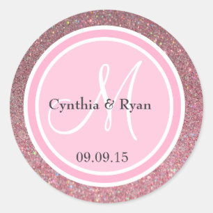 Roze Glitter & Roze Bruiloft Monogram Ronde Sticker