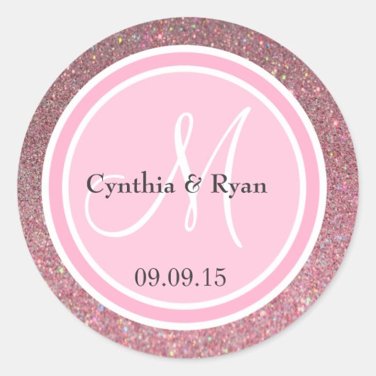 Roze Glitter & Roze Bruiloft Monogram Ronde Sticker (Voorkant)