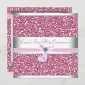 Roze Glitter Roze Kruis Eerste Communie Kaart (Voorkant / Achterkant)