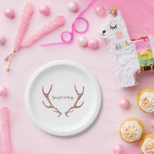 Roze Glitter Rustic Antlers Woodsy Glam Chic Party Papieren Bordje (Feest)