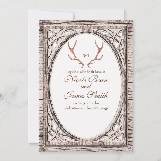 Roze Glitter Rustiek gewei Wit Hout Uitnodiging (Voorkant)