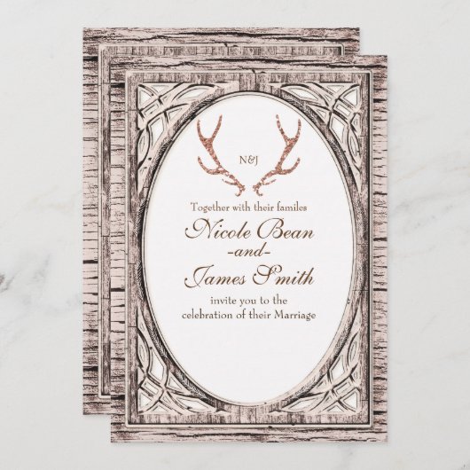 Roze Glitter Rustiek gewei Wit Hout Uitnodiging (Voorkant / Achterkant)