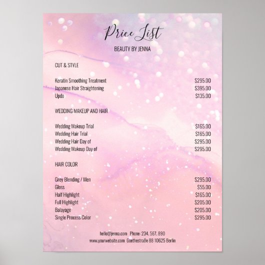 Roze Glitter Salon Prijslijsten Poster (Voorkant)