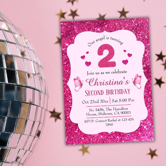 Roze glitter schattig bruisend 2e verjaardag kaart